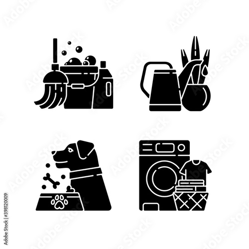 Domestic chores black glyph icons set on white space. Doing laundry, feeding pets, watering plants and mopping floors. Housekeeping silhouette symbols. Various housework. Vector isolated illustrations