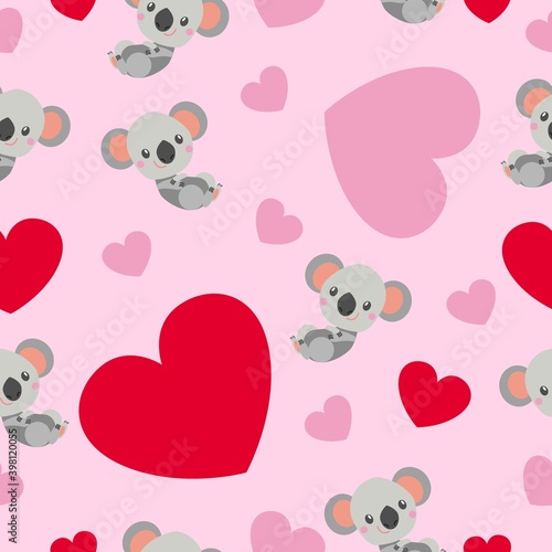 Fototapeta Naklejka Na Ścianę i Meble -  St Valentine’s Day. Seamless pattern. Baby koala lying and smiling. Cartoon style. Funny and cute. Red, pink hearts. Pink background. Post cards, wallpaper, textile, wrapping paper. Love and romance