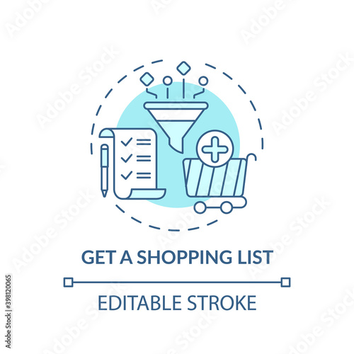 Creating shopping list concept icon. Shopping tip idea thin line illustration. Making grocery lists. Online store. Economical purchases. Vector isolated outline RGB color drawing. Editable stroke