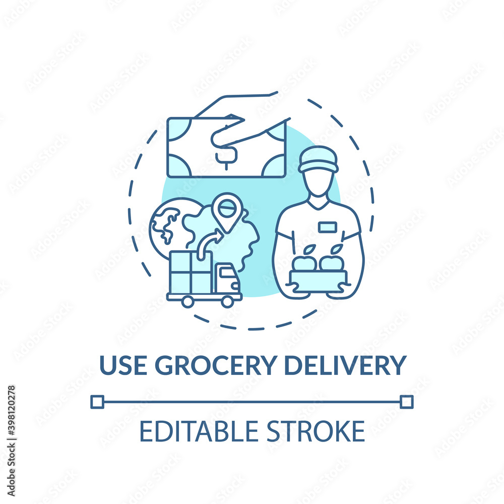 Using grocery delivery concept icon. Shopping tip idea thin line illustration. Sending personal shopper. Meal-kit delivery services. Vector isolated outline RGB color drawing. Editable stroke