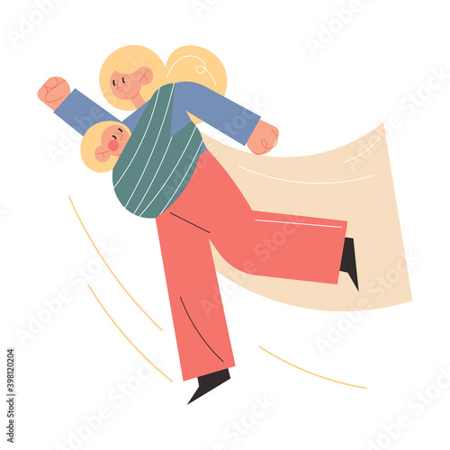 Smiling active young mother running and hurrying with small baby in sling outdoors