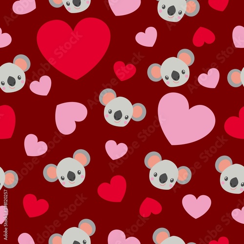 St Valentine’s Day. Seamless pattern. Baby koala head smiling. Cartoon style. Funny and cute. Red, pink hearts. Maroon background. Post cards, wallpaper, textile, wrapping paper. Love and romance