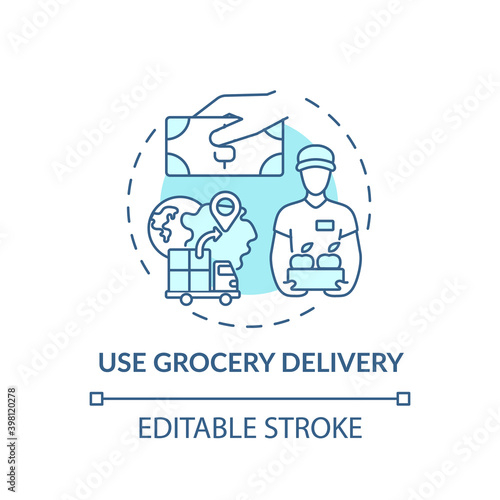 Using grocery delivery concept icon. Shopping tip idea thin line illustration. Sending personal shopper. Meal-kit delivery services. Vector isolated outline RGB color drawing. Editable stroke