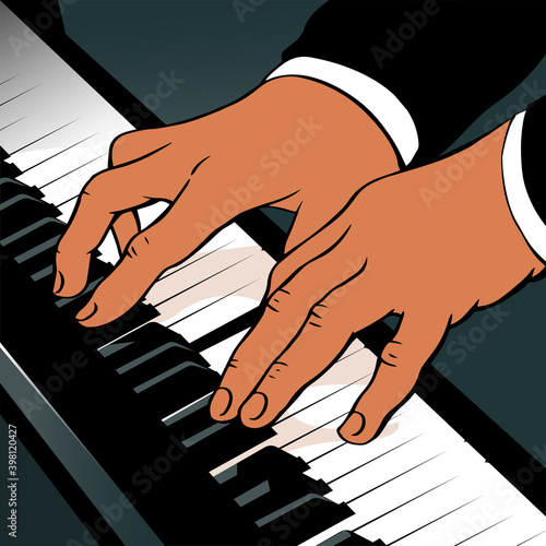 Male hands play piano keys. Close view. The composer performs classical music. Vector illustration in retro pop art style.