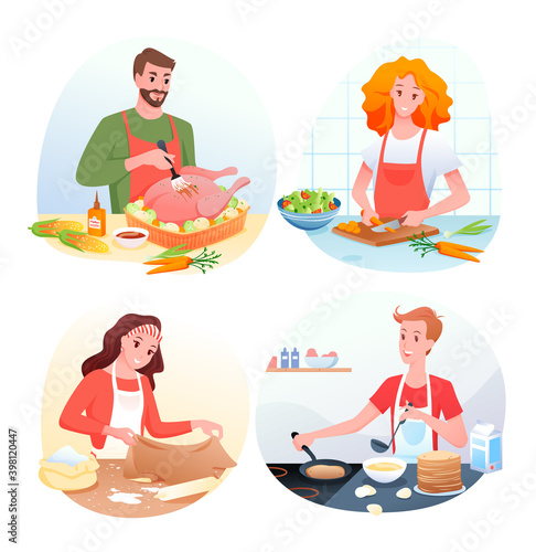Cartoon man woman characters in chef aprons cooking green vegetable salad, baked turkey, pancakes, making dough for bread isolated on white.