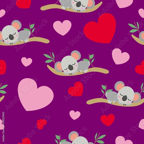 Fototapeta Naklejka Na Ścianę i Meble -  St Valentine’s Day. Seamless pattern. Baby koala sleeping on eucalyptus tree. Funny and cute. Red, pink hearts. Purple background. Post cards, wallpaper, textile, wrapping paper. Love and romance