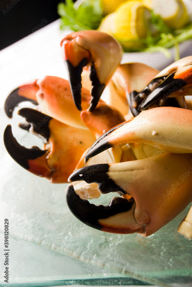 Stone crab claws. Colossal Crab claws served with lemons, spicy