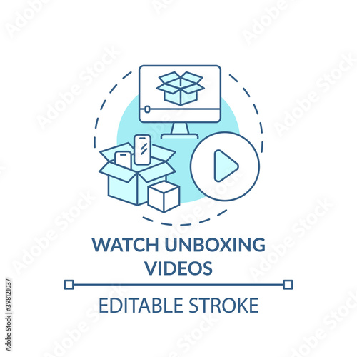 Watching unboxing videos concept icon. Informed customer tip idea thin line illustration. New item presentation. Online review. Vector isolated outline RGB color drawing. Editable stroke