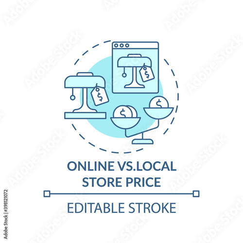 Online vs. local store price concept icon. Informed customer tip idea thin line illustration. Saving on shipping, handling costs. Vector isolated outline RGB color drawing. Editable stroke
