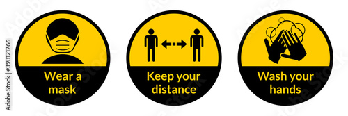 Set of Round Coronavirus Covid-19 Instruction Sticker Icons including Wear a Mask, Keep Your Distance and Wash Your Hands. Vector Image.