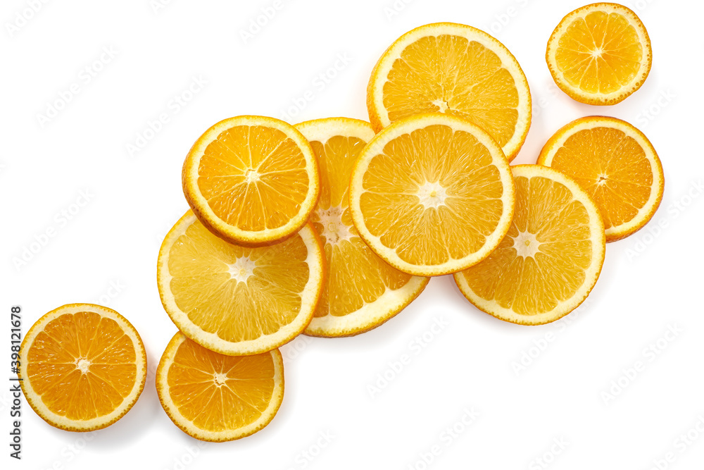 Fresh citrus slices flat lay on white