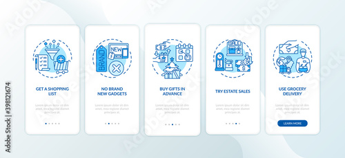 Shopping advices onboarding mobile app page screen with concepts. Shopping plan, grocery delivery walkthrough 5 steps graphic instructions. UI vector template with RGB color illustrations