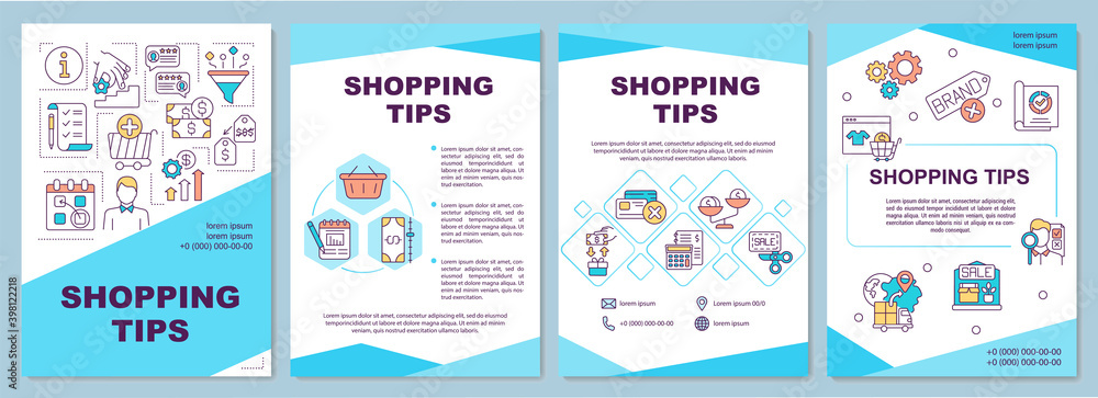 Shopping tips brochure template. Sale, price comparison. Flyer, booklet, leaflet print, cover design with linear icons. Vector layouts for magazines, annual reports, advertising posters