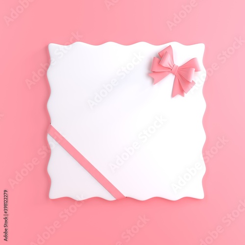 Blank white gift card with pink ribbon bow isolated on pastel pink color background with shadow minimal concept. 3D rendering