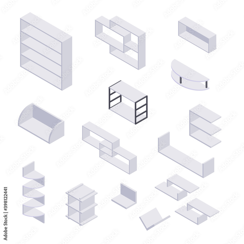 Bookshelf isometric - collection of various cases and shelves for books for home and store interior design.