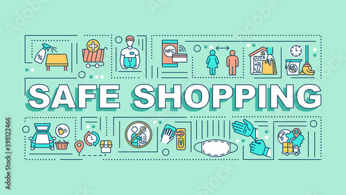 Safe shopping word concepts banner. Consumer protection. Commercial service. Infographics with linear icons on mint green background. Isolated typography. Vector outline RGB color illustration