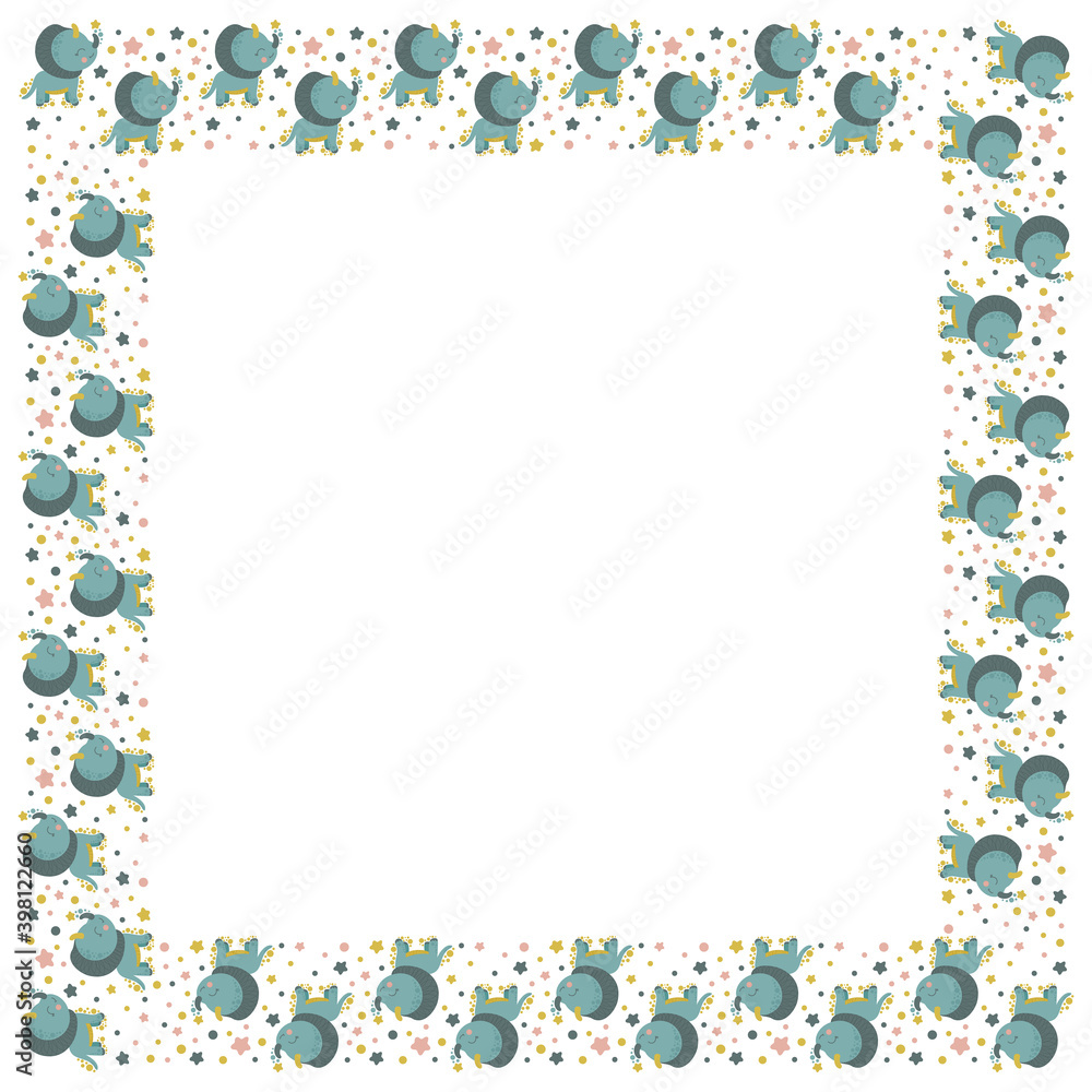 Square frame of little cute dinosaurs Triceratops looking up at stars and circles on a white background. Cartoon border of dino characters for nursery design, invitation, greeting card. Vector.