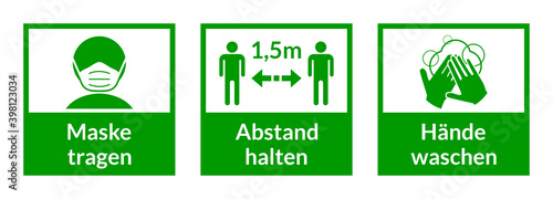 Set of Square Coronavirus Covid-19 Instruction Sticker Icons in German including Wear a Mask, Keep Your Distance 1,5m or 1,5 Meters and Wash Your Hands. Vector Image.