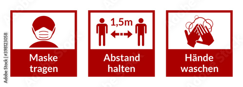 Set of Square Coronavirus Covid-19 Instruction Sticker Icons in German including Wear a Mask, Keep Your Distance 1,5m or 1,5 Meters and Wash Your Hands. Vector Image.