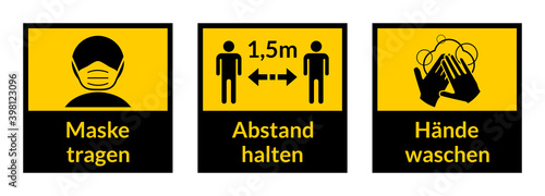 Set of Square Coronavirus Covid-19 Instruction Sticker Icons in German including Wear a Mask, Keep Your Distance 1,5m or 1,5 Meters and Wash Your Hands. Vector Image.