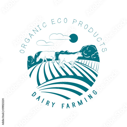 The emblem of a dairy farm. Cows grazing in a meadow, rural landscape in retro style.