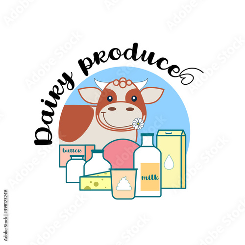 Logo of dairy products. Vector cartoon character cow and dairy farm products.