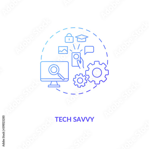 Tech savvy blue gradient concept icon. Innovative technology specialist. Electronics expert. Virtual assistant skill idea thin line illustration. Vector isolated outline RGB color drawing