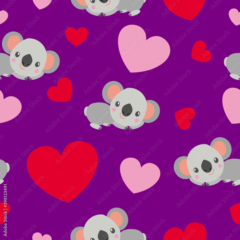 St Valentine’s Day. Seamless pattern. Baby koala lying and smiling. Cartoon style. Funny and cute. Red, pink hearts. Violet background. Post cards, wallpaper, textile, wrapping paper. Love and romance St Valentine’s Day. Seamless pattern. Baby koala lying and smiling. Cartoon style. Funny and cute. Red, pink hearts. Violet background. Post cards, wallpaper, textile, wrapping paper. Love and romance