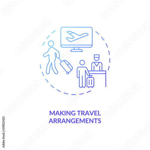 Making travel arrangement blue gradient concept icon. Plan trip, vacation. Book airplane flight. Virtual assistant job idea thin line illustration. Vector isolated outline RGB color drawing