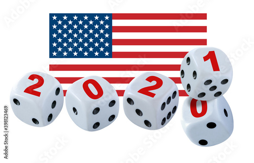 Big dice with 2020 2021 written on the sides tumbeling with the US American flag in the backgrund. Concept symbolizes the state of the country in 2021 compared to 2020. Isolated on white background.