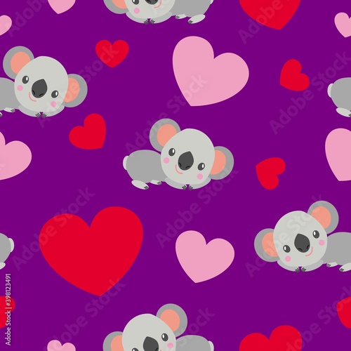 Fototapeta Naklejka Na Ścianę i Meble -  St Valentine’s Day. Seamless pattern. Baby koala lying and smiling. Cartoon style. Funny and cute. Red, pink hearts. Violet background. Post cards, wallpaper, textile, wrapping paper. Love and romance