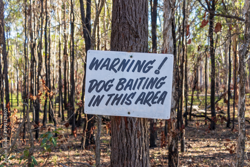 Dog Baiting sign on tree