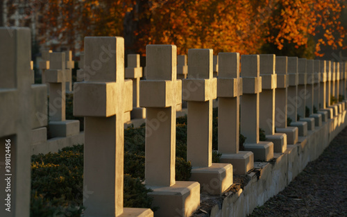 Fototapeta Naklejka Na Ścianę i Meble -  view of Polish Orlat Cemetery stone graves crosses at sunset