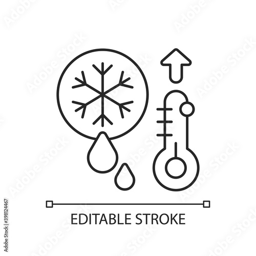 Snow melting linear icon. High temperatures on streets. Hard ice becoming water on sun. Thin line customizable illustration. Contour symbol. Vector isolated outline drawing. Editable stroke