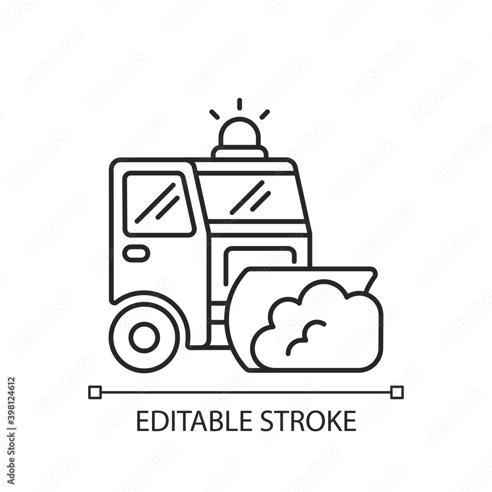 Road plowing linear icon. Removing snow and ice from outdoor surfaces in cold winter. Thin line customizable illustration. Contour symbol. Vector isolated outline drawing. Editable stroke Road plowing linear icon. Removing snow and ice from outdoor surfaces in cold winter. Thin line customizable illustration. Contour symbol. Vector isolated outline drawing. Editable stroke