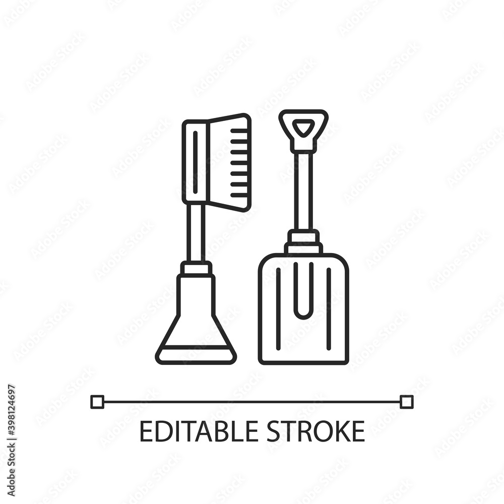 Fototapeta premium Snow removal tools linear icon. Instruments for helping you to clean your car. Remove ice. Thin line customizable illustration. Contour symbol. Vector isolated outline drawing. Editable stroke
