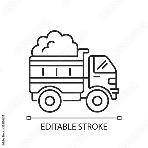 Snow hauling linear icon. Removing snow after snowfall to make travel easier and safer. Thin line customizable illustration. Contour symbol. Vector isolated outline drawing. Editable stroke