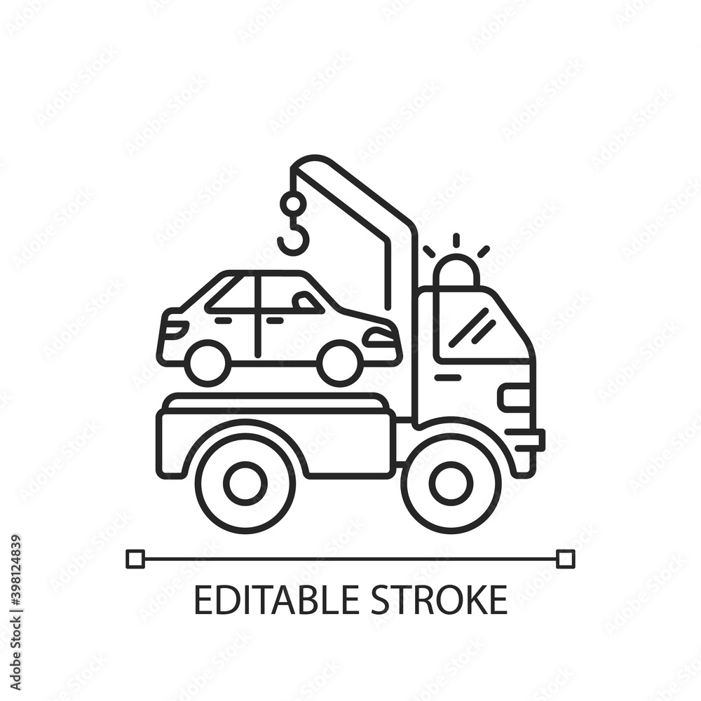 Towing service linear icon. Helping people to move their broken vehicles. Dangerous car accident. Thin line customizable illustration. Contour symbol. Vector isolated outline drawing. Editable stroke