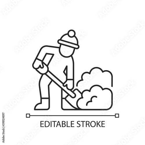 Hand shoveling linear icon. Removing huge amounts of snow with shovel. Hard work in winter. Thin line customizable illustration. Contour symbol. Vector isolated outline drawing. Editable stroke