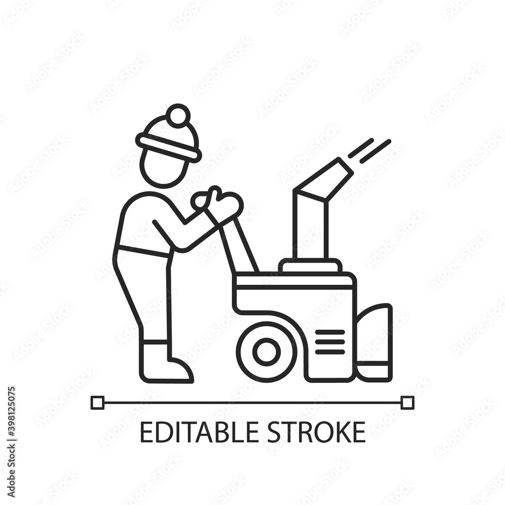 Snow sweeping linear icon. Removing huge amounts of snow after stormy snowfall. Cleaning streets. Thin line customizable illustration. Contour symbol. Vector isolated outline drawing. Editable stroke Snow sweeping linear icon. Removing huge amounts of snow after stormy snowfall. Cleaning streets. Thin line customizable illustration. Contour symbol. Vector isolated outline drawing. Editable stroke