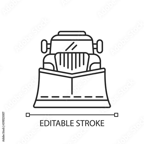Snow blades for trucks linear icon. Snow plow winter service. Tools for huge cars. Thin line customizable illustration. Contour symbol. Vector isolated outline drawing. Editable stroke