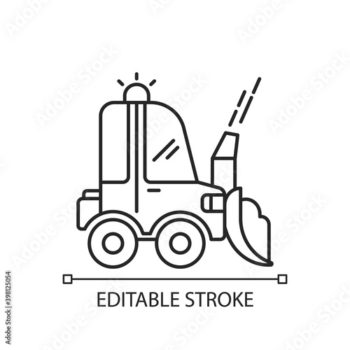 Snow blowing linear icon. Using machine for removing snow from area around your house. Thin line customizable illustration. Contour symbol. Vector isolated outline drawing. Editable stroke