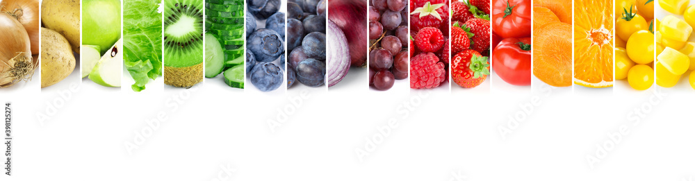 Fototapeta premium Collage of fruits, vegetables and berries. Fresh color food. Healthy food