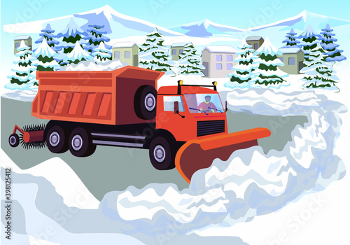 Scania snowblower, cartoon style. Winter season, snowfall, Christmas trees and houses in the snow.