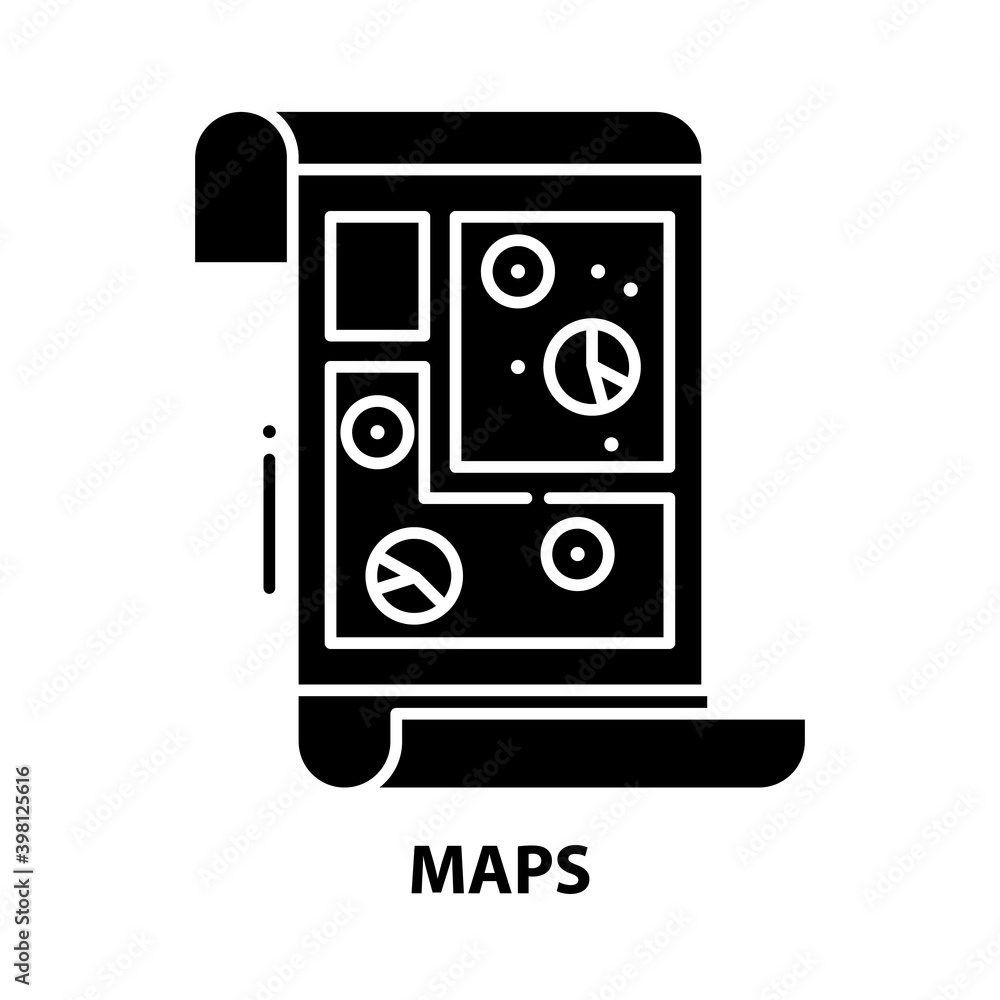 maps icon, black vector sign with editable strokes, concept illustration maps icon, black vector sign with editable strokes, concept illustration