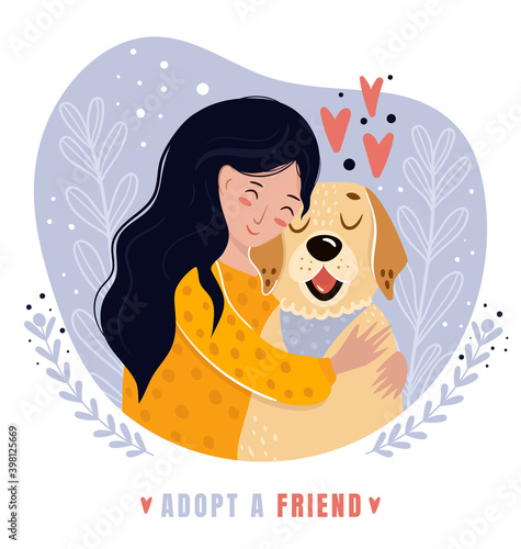 Adopt a dog. Dog rescue and adoption. Cartoon style young woman hugging puppy. Friendship, care and love. Human with a dog. For posters, t-shirts, web.