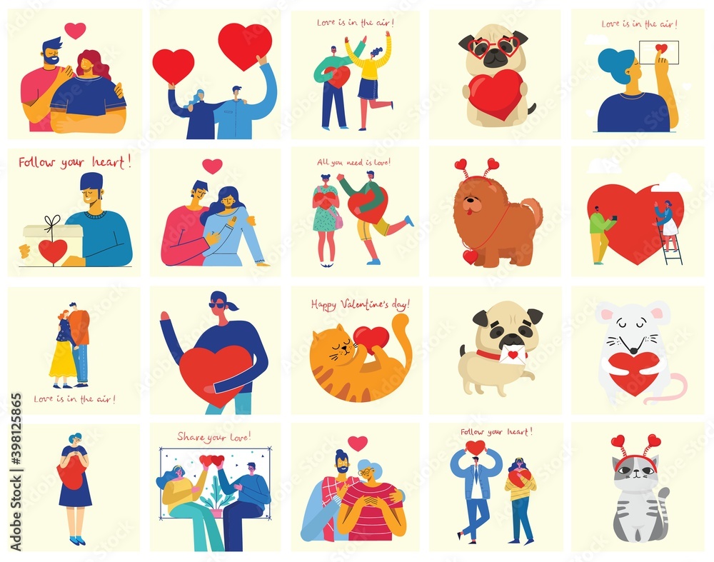 All you need is love. Hands and people with hearts as love massages. Vector Valentine illustration cards of happy couples in love