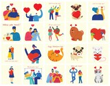 All you need is love. Hands and people with hearts as love massages. Vector Valentine illustration cards of happy couples in love