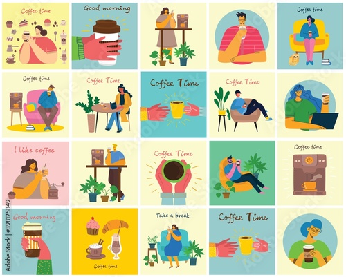 Coffee set illustrations. People spend their time in the cafeteria, drinking cappuccino, latte, espresso and eating desserts