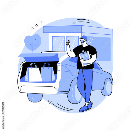 Get supplies without leaving your car abstract concept vector illustration. Curbside pickup, order number, call the store, contactless grocery pick-up, place order in trunk abstract metaphor.